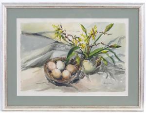 HARRISON Margaret 1940,A still life study with flowers and eggs,Claydon Auctioneers UK 2021-08-04