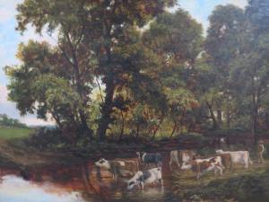 HART J. Lawrence,A rural wooded river landscape with cattle waterin,Cuttlestones 2021-09-02