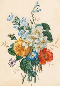 HARTINGER Anton,A flower piece with daffodils and a bell flower,1832,Palais Dorotheum 2022-04-20