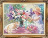 HARTLEY Corinne 1900,WOMAN ARRANGING FLOWERS WITH CAT,Potomack US 2022-06-30