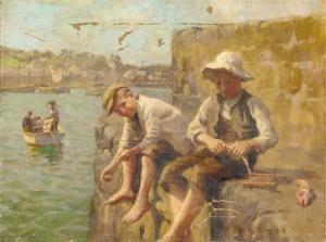 HARVEY Harold C 1874-1941,Boys fishing on a quay,1908,Christie's GB 2001-05-10