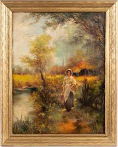 HARVEY Henry T 1908,landscape, with a female walking down a path,19th century,Pook & Pook 2019-11-01