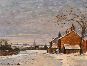 HARWOOD John Hammond,figures walking in the snow at dusk with a church ,John Nicholson 2021-03-24