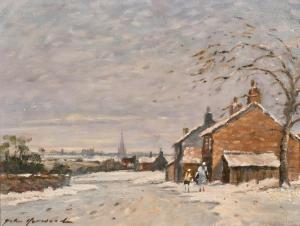 HARWOOD John Hammond,figures walking in the snow at dusk with a church ,John Nicholson 2021-05-19