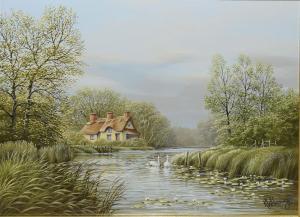 HASTINGS KEITH W 1948,Norfolk river landscape with swans by a cottage,Keys GB 2020-08-28