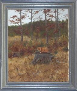 HAUG Kristian 1862-1953,Liegender Fuchs auf einem Baumstumpf im Herbstwald,Allgauer DE 2007-07-05