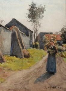 HAWKINS Louis Welden 1849-1910,Paysanne marchant sur un chemin de village,Brissoneau FR 2015-03-20