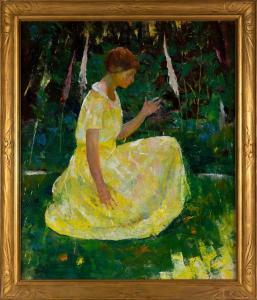HAWTHORNE Charles Webster,A woman dressed in yellow seated in a forest lands,Eldred's 2023-07-28