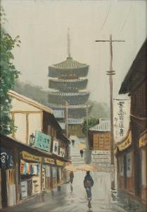 HAYASHI Toshiro 1900-1900,Japanese Rainy Day Street Scene with Temple in the,Burchard US 2022-07-16