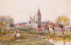 HAYES Claude 1852-1922,FIGURES BY A RIVER WITH A TOWN BEYOND,Whyte's IE 2023-12-13