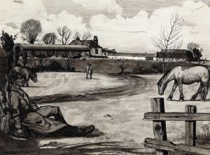 HAYES Ernest 1914-1978,DUBLIN FARMYARD SCENE WITH SLEEPING FIGURE, HORSES,1935,Whyte's IE 2021-06-14