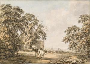 HEARNE Thomas 1744-1817,A young girl milking a cow by a farm with a church,Sotheby's GB 2022-07-06
