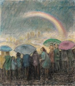 HEDWIG Schmidlin,Zuschauer unter Regenschirmen beim Betrachten eines Regenbogens,Bloss DE 2017-06-26