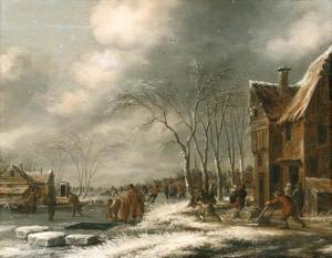 HEEREMANS Thomas 1641-1694,A Winter Landscape with Villagers on a frozen Wate,Christie's 1999-01-29