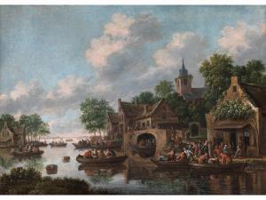 HEEREMANS Thomas 1641-1694,MIT BOOTEN AM RANDE EINES FIGURENREICHEN DORFES,Hampel DE 2023-06-29