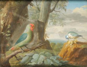 HEFELE J.F,A parrot perched on a branch and another bird pecking at a nut,Duke & Son GB 2017-09-14