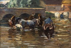HEGENBARTH Emanuel 1868-1923,Horse pond at a bridge,Nagel DE 2022-11-16