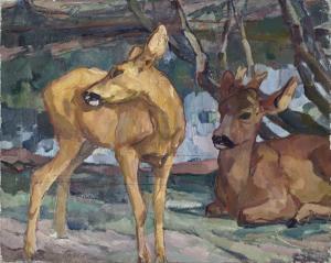HEGENBARTH Emanuel 1868-1923,Two Deer at the Lake Estate,Neumeister DE 2019-12-04