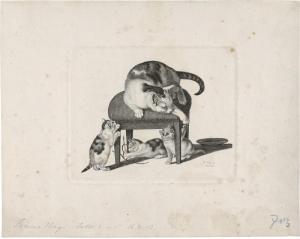 HEGI Franz 1774-1850,Katzenmutter auf einem Hocker mit ihren drei spiel,Galerie Bassenge 2023-06-07
