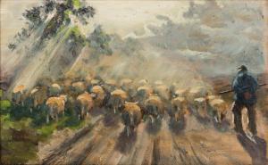 HEIDE Johannes von der 1878,A flock of sheep on a street,20th century,Nagel DE 2022-11-17