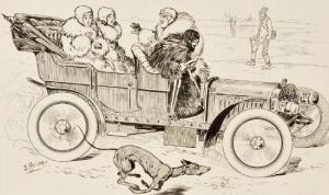 HEINE Edwin 1860-1917,Pelzverbrämte Autofahrer machen Wettrennen mit ein,Allgauer DE 2011-04-14