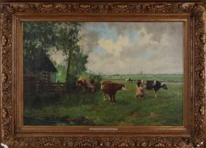 HEINECKE Wilhelmus, Wim,Dutch landscape with cows and a milking farmer,Twents Veilinghuis 2020-10-22