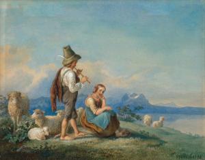 HEINEL Johann Philipp 1800-1843,Hirtenknabe und Mädchen mit ihrem Vieh an ein,1842,Galerie Bassenge 2022-12-02