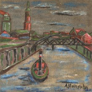 HEINSOHN Alfred 1875-1927,Hamburg port with tugboat and St. Michaelis,Villa Grisebach DE 2023-01-08