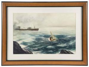 HEKKING William M 1885-1970,Sailboat approaching a cargo ship,Eldred's US 2022-01-27