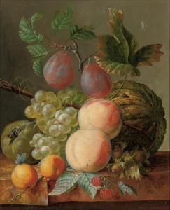 HEKKING William 1825-1904,Peaches, grapes, plums, raspberries and a gourd on,Christie's 2010-04-13