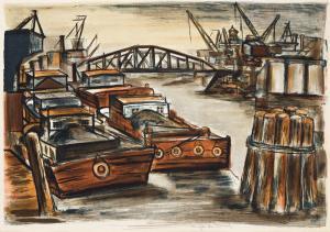 HELFOND Riva 1910-2002,Barges on Canal,Swann Galleries US 2022-01-27