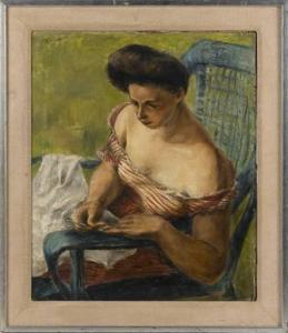 HELIOFF ANNE 1910-2001,A lady doing her nails while seated in a wicker chair,Eldred's US 2022-01-27