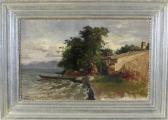 HELLRATH Emil 1838-1900,Ruderboot vor einem Haus am bewaldeten Seeufer bei,Allgauer DE 2009-04-23