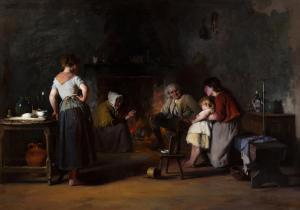 HELMICK Howard 1845-1907,Cottage Interior with a Family Gathered Around a H,1886,Adams IE 2023-12-06