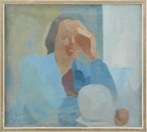 HEMBERG Elly 1896-1994,Porträtt föreställande kvinna i blått,Uppsala Auction SE 2021-01-26