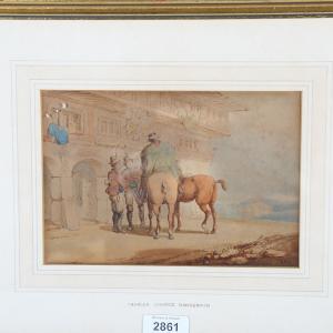 HENDERSON Charles Cooper 1803-1877,horse rider and figures at an building doorwa,Burstow and Hewett 2023-04-06