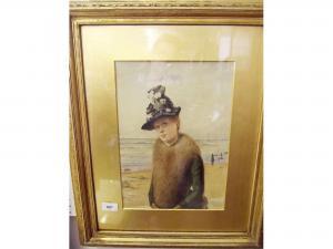 HENLEY Lionel Charles 1843-1893,woman in a fur scarf and hat on a beac,Smiths of Newent Auctioneers 2017-07-21