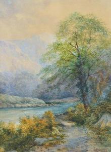 HENLEY W.B 1860-1890,River landscape with mountains in the background,Mallams GB 2015-08-12