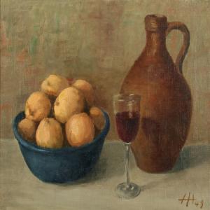 HENNINGSEN Hans,Still life with fruit, glass and bottle at a table,1949,Bruun Rasmussen 2014-09-08