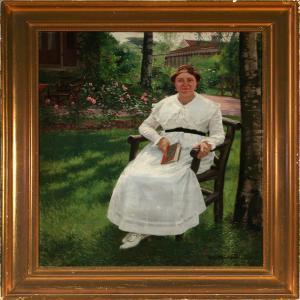 HENRIKSEN Peder,Woman in a white dress sitting in a garden,1917,Bruun Rasmussen DK 2009-11-16