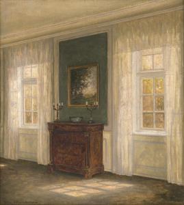 HENRIKSEN William 1880-1964,Saloninterieur mit zwei Fenstern zum Garten,Galerie Bassenge 2022-12-01