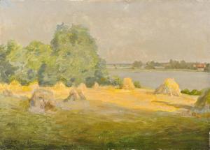 HERMANN HOFFMANN,water landscape with sunlit Heugarben on shore,Historia Auctionata 2012-09-21