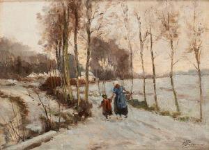 HERMANUS Paul 1859-1911,Mère et enfant dans un chemin enneigé,Horta BE 2021-03-22
