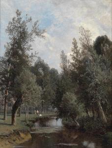 Hermes Johannes,Wooded Landscape with Stream and decorative figure,Palais Dorotheum 2014-09-18