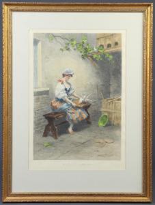 HERNANDEZ MORILLO Daniel 1856-1932,a lady seated in a courtyard feeding birds,Denhams GB 2022-02-23