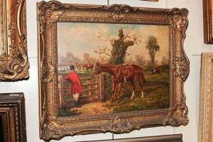 HERRING BEN,Huntsman and horse at a gate watching fox hounds in a field,Henry Adams GB 2016-04-13