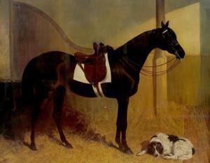 HERRING John Frederick I 1795-1865,A saddled bay horse with spaniel in a barn,Mallams GB 2017-03-13