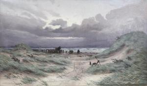 HERSCHEND Oscar,People gathering on the beach at Raabjerg after a ,1888,Bruun Rasmussen 2023-10-09