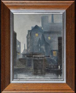 HESLOP Robert John 1907-1988,a dock land scene with a canal boat in the for,1983,Anderson & Garland 2017-08-15