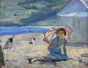 HESS Florence Adelina 1891-1974,'Peggy' with a Parasol and Beach Tent at Run,David Duggleby Limited 2023-12-08